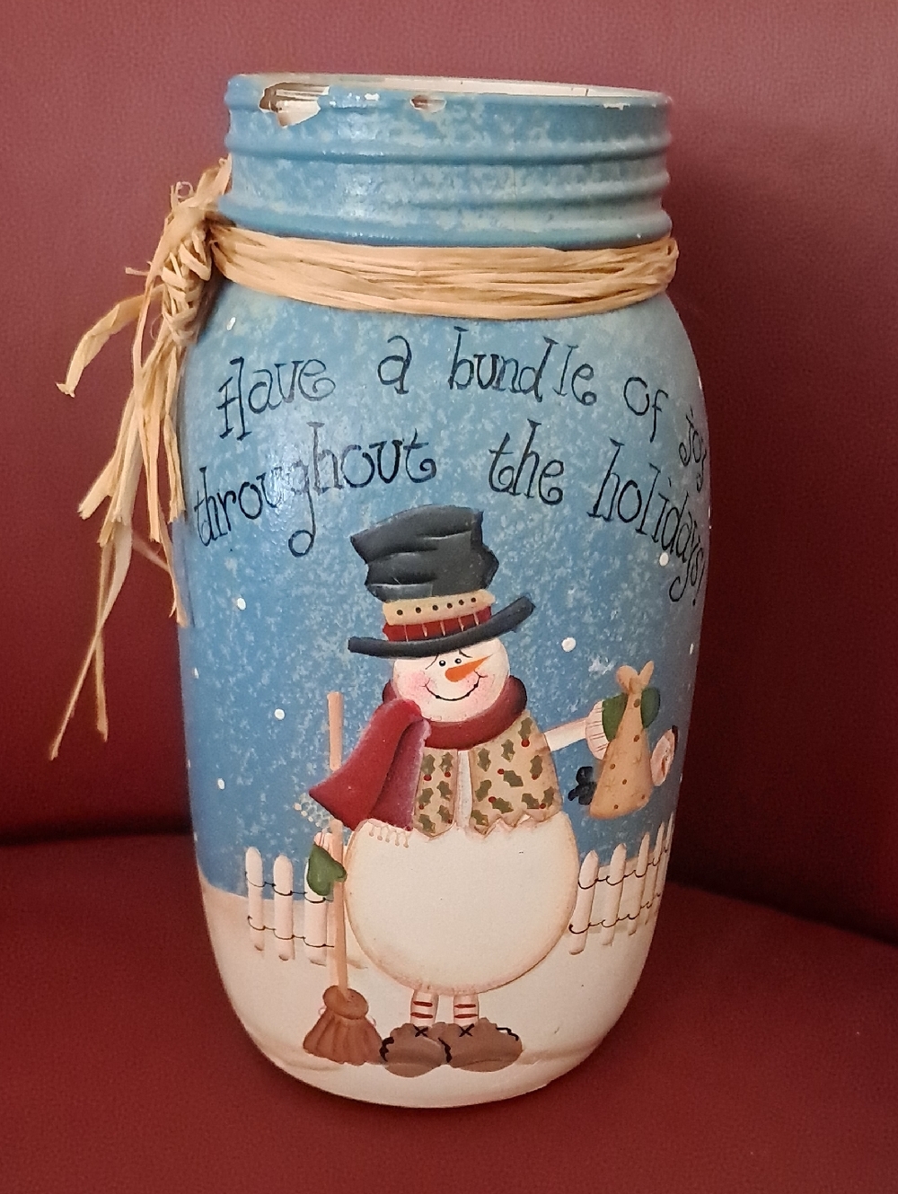 Hand Crafted, Festive Snowman Painted Mason Jar